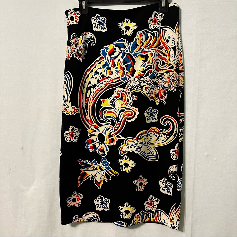 ICE Black Print Pencil Skirt Womens Sz Small Paisley Floral Elastic Lightweight